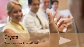  Presentation with four anchors - Colorful PPT layouts enhanced with employee congratulations - businessman with four businesspeople backdrop and a  colored foreground