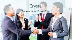  Presentation with shaking hands - Cool new presentation design with employee congratulations - businesspeople shaking hands in front backdrop and a sky blue colored foreground