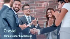  Presentation with business partner people joining hand - Beautiful slide deck featuring employee congratulations - group of business people congratulates backdrop and a ocean colored foreground