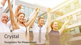  Presentation with employee - Theme featuring employee congratulations - many happy business people holding background and a coral colored foreground