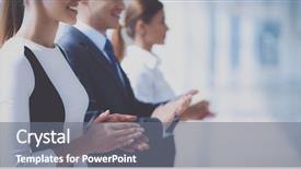  Presentation with good - Cool new PPT theme with employee congratulations - smiling business people applauding backdrop and a gray colored foreground