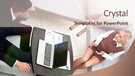  Presentation with financial report - PPT theme consisting of employee discussing the financial report background and a sky blue colored foreground