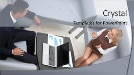  Presentation with financial report - Cool new presentation theme with employee discussing the financial report backdrop and a light blue colored foreground