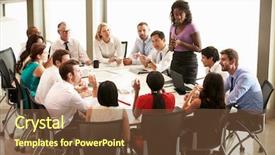 Presentation with meeting table - Presentation theme featuring businesswoman addressing meeting around boardroom background and a tawny brown colored foreground