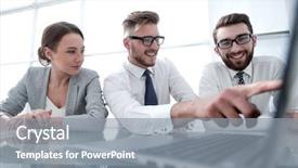  Presentation with laptop - Presentation enhanced with employee efficiency - close up smiling businessman pointing background and a  colored foreground