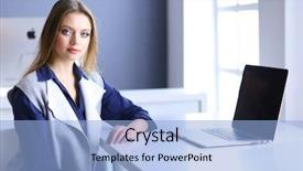  Presentation with office desk reception - Beautiful slide set featuring employee efficiency - young confident businesswoman working backdrop and a light blue colored foreground