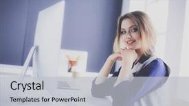  Presentation with office desk reception - Colorful presentation theme enhanced with employee efficiency - young confident businesswoman working backdrop and a light gray colored foreground