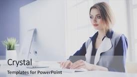  Presentation with office desk reception - Audience pleasing presentation design consisting of employee efficiency - young confident businesswoman working backdrop and a light gray colored foreground