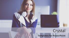  Presentation with office desk reception - Presentation enhanced with employee efficiency - young confident businesswoman working background and a light blue colored foreground