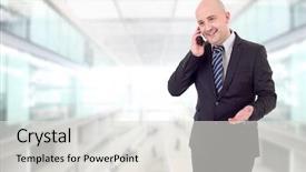 Presentation with phone - Presentation enhanced with employee energy - happy business man background and a  colored foreground
