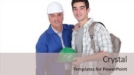  Presentation with safety construction worker in construction - PPT theme with employee first day - construction worker and his apprentice background and a light gray colored foreground