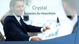  Presentation with financial report - Cool new slide deck with employee gives the manager the financial report backdrop and a cool aqua colored foreground