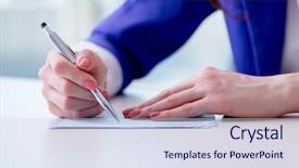  Presentation with writing notes - Cool new PPT theme with employee handbook - businesswoman writing notes at desk backdrop and a sky blue colored foreground