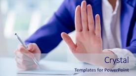  Presentation with writing notes - Slide set enhanced with employee handbook - businesswoman writing notes at desk background and a sky blue colored foreground