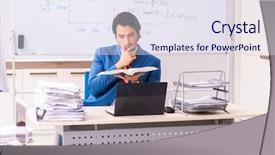  Presentation with sales - Colorful presentation theme enhanced with employee handbook - male sales analyst in front backdrop and a sky blue colored foreground