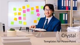  Presentation with young students working in groups - Cool new slide deck with employee handbook - young businessman working backdrop and a  colored foreground