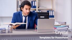  Presentation with working - PPT theme featuring employee handbook - young handsome businessman working background and a gray colored foreground