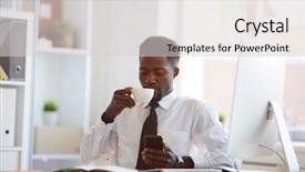  Presentation with tea coffee - Amazing presentation theme having employee in formalwear having tea backdrop and a light gray colored foreground