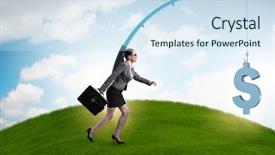  Presentation with sports fishing - Beautiful presentation featuring employee incentive - businesswoman chasing money on fishing backdrop and a sky blue colored foreground