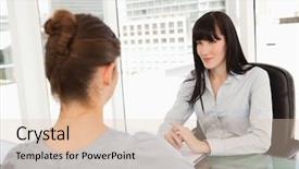  Presentation with desk - Colorful slide deck enhanced with employee interviews - business woman sitting at her backdrop and a lemonade colored foreground