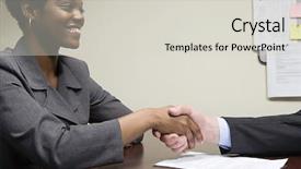  Presentation with shaking hands - Audience pleasing slide set consisting of employee interviews - interviewee and interviewer shaking hands backdrop and a light gray colored foreground