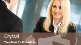  Presentation with photo - Beautiful theme featuring employee interviews - photo of blond businesswoman looking backdrop and a  colored foreground