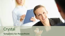  Presentation with listening - Cool new PPT theme with employee interviews - portrait of businesswoman listening backdrop and a  colored foreground