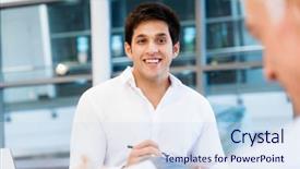  Presentation with interview - Presentation design enhanced with employee interviews - two businessmen during interview background and a  colored foreground