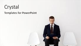  Presentation with job interview - Colorful theme enhanced with employee interviews - young man waiting for job backdrop and a white colored foreground