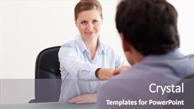  Presentation with trading - Slide deck enhanced with employee interviews - young trading partner greeting each background and a  colored foreground