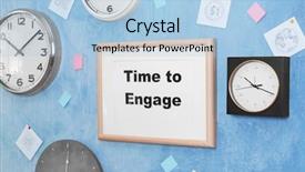  Presentation with employee engage - Audience pleasing theme consisting of employee involvement - clocks and frame with phrase backdrop and a light blue colored foreground