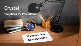  Presentation with employee engage - Cool new slide deck with employee involvement - composition with clock notebooks backdrop and a dark gray colored foreground