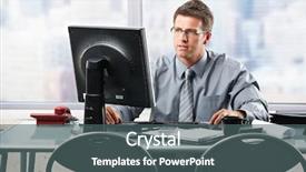  Presentation with skyscraper - Audience pleasing theme consisting of employee involvement - determined businessman working on computer backdrop and a ocean colored foreground