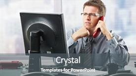  Presentation with my panorama on computer screen - Slides having employee involvement - focused businessman listening to explanation background and a gray colored foreground