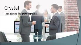  Presentation with partners - Slide deck featuring employee involvement - group of business partners interacting background and a  colored foreground