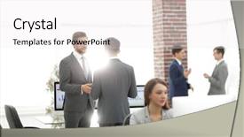  Presentation with partners - Cool new presentation design with employee involvement - group of business partners interacting backdrop and a white colored foreground