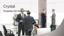  Presentation with partners - Colorful theme enhanced with employee involvement - group of business partners interacting backdrop and a white colored foreground