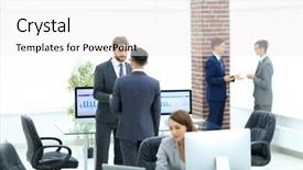  Presentation with partners - Presentation design with employee involvement - group of business partners interacting background and a  colored foreground