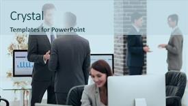  Presentation with partners - Beautiful slide set featuring employee involvement - group of business partners interacting backdrop and a  colored foreground