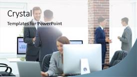  Presentation with partners - Slides with employee involvement - group of business partners interacting background and a  colored foreground