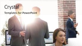  Presentation with partners - PPT theme having employee involvement - group of business partners interacting background and a sky blue colored foreground