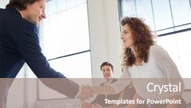  Presentation with shaking hands - Theme enhanced with employee job satisfaction - business people shaking hands background and a coral colored foreground