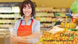  Presentation with elderly - Audience pleasing presentation consisting of employee job satisfaction - elderly smiling saleswoman standing backdrop and a yellow colored foreground