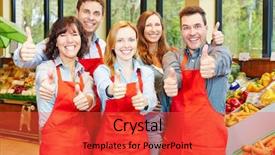  Presentation with staff - Colorful presentation theme enhanced with employee job satisfaction - happy staff team backdrop and a red colored foreground
