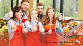  Presentation with effort - Amazing PPT layouts having employee job satisfaction - happy supermarket staff team holding backdrop and a red colored foreground