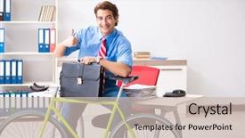  Presentation with office life - Beautiful presentation theme featuring employee life cycle - young businessman using bike backdrop and a  colored foreground