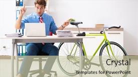  Presentation with bike - Audience pleasing PPT theme consisting of employee life cycle - young businessman using bike backdrop and a  colored foreground