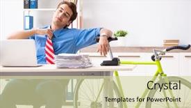  Presentation with scooty bike - Slides featuring employee life cycle - young businessman using bike background and a  colored foreground