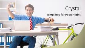  Presentation with bike - Colorful PPT layouts enhanced with employee life cycle - young businessman using bike backdrop and a white colored foreground