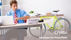  Presentation with super bike - PPT layouts featuring employee life cycle - young businessman using bike background and a  colored foreground